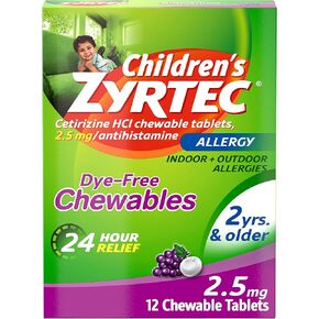 Zyrtec Children's Dye-Free Chewables for 24 Hour Allergy Relief, 10 mg Cetirizine HCl Antihistamine Tablets, Kids Allergy Medicine Relieves Sneezing & Itchy Nose & Throat, Grape, 48 ct