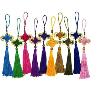 Makhry 10x 10 inches Handmade Silky Floss Chinese Knot Tassel with Gold Satin Silk Made Chinese Knots for Home and Car Handing Decoration