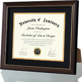 Luminary 16x20 Wood Diploma Frame with 14x17 Opening Black Mat for College Degree Certificate Document, Walnut Color Wooden Frame with Tempered Glass Panel for Wall Mount Display