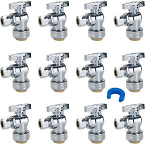 SUNGATOR 2-Pack Angle Stop Valve, Angle Water Shut Off Valve 1/2 x 3/8 Inch Compression, Toilet Water Valve, 1/4 Turn, No Lead Brass Push to Connect Plumbing Fitting, Pushfit, PEX Pipe, Copper, CPVC