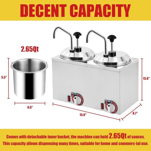 مضخات مزدوجة لتدفئة موزع الجبن، مضخة توزيع معزولة لتدفئة الجبن 5.3Qt لصلصة فدج الجبن والكراميل 86-190 درجة فهرنهايت قابلة للتعديل 110 فولت in Kuwait