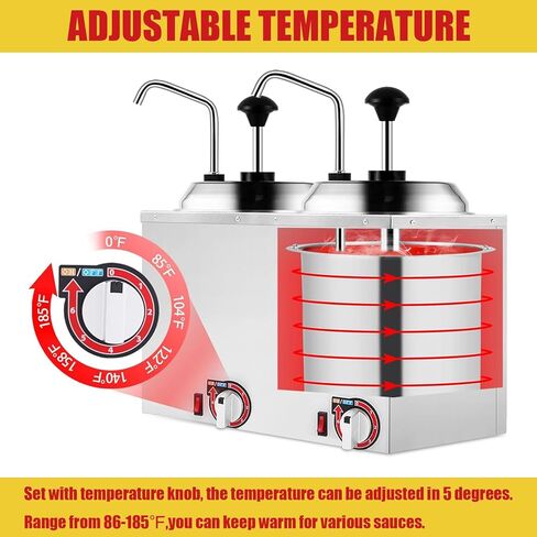 مضخات مزدوجة لتدفئة موزع الجبن، مضخة توزيع معزولة لتدفئة الجبن 5.3Qt لصلصة فدج الجبن والكراميل 86-190 درجة فهرنهايت قابلة للتعديل 110 فولت in Kuwait
