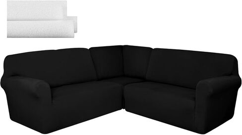 3 Pcs L Shaped Couch Covers for Sectional Sofa Corner Sofa Covers Stretch 5 Seat Washable Corner Sofa Slipcover Corner Sectional Couch Protector for Living Room (Black, Milk Silk) in Saudi Arabia