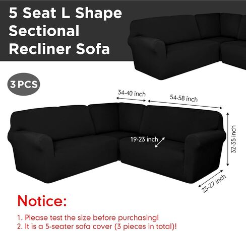 3 Pcs L Shaped Couch Covers for Sectional Sofa Corner Sofa Covers Stretch 5 Seat Washable Corner Sofa Slipcover Corner Sectional Couch Protector for Living Room (Black, Milk Silk) in Saudi Arabia