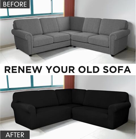 3 Pcs L Shaped Couch Covers for Sectional Sofa Corner Sofa Covers Stretch 5 Seat Washable Corner Sofa Slipcover Corner Sectional Couch Protector for Living Room (Black, Milk Silk) in Saudi Arabia