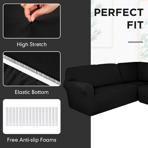 3 Pcs L Shaped Couch Covers for Sectional Sofa Corner Sofa Covers Stretch 5 Seat Washable Corner Sofa Slipcover Corner Sectional Couch Protector for Living Room (Black, Milk Silk) in Saudi Arabia