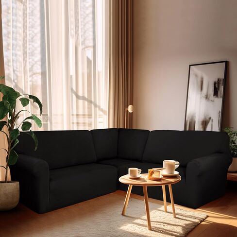 3 Pcs L Shaped Couch Covers for Sectional Sofa Corner Sofa Covers Stretch 5 Seat Washable Corner Sofa Slipcover Corner Sectional Couch Protector for Living Room (Black, Milk Silk) in Saudi Arabia