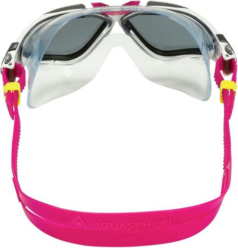 نظارات السباحة Aqua Sphere Vista للبالغين من الجنسين - ملاءمة مخصصة بلمسة واحدة، رؤية محيطية واسعة - قناع متين للسباحين النشطين في المياه المفتوحة - عدسة دخان، إطار أبيض/توت العليق in Kuwait