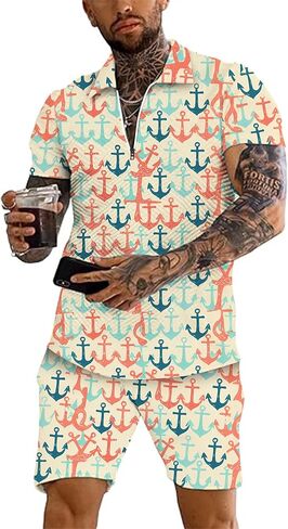 Men's 2 Piece Summer Outfits Hawaiian Print Short Sleeve Summer Shirt and Shorts Set in Saudi Arabia
