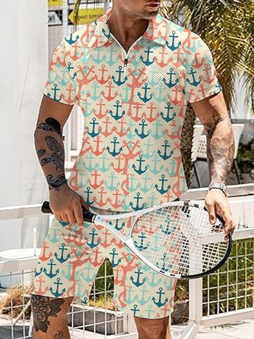 Men's 2 Piece Summer Outfits Hawaiian Print Short Sleeve Summer Shirt and Shorts Set in Saudi Arabia