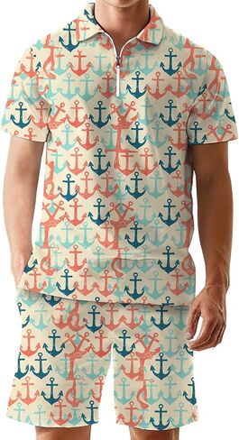 Men's 2 Piece Summer Outfits Hawaiian Print Short Sleeve Summer Shirt and Shorts Set in Saudi Arabia