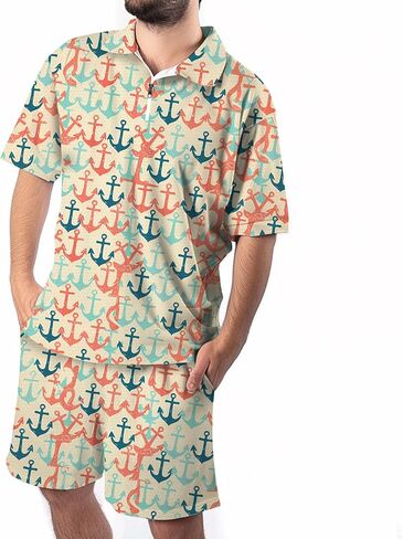 Men's 2 Piece Summer Outfits Hawaiian Print Short Sleeve Summer Shirt and Shorts Set in Saudi Arabia
