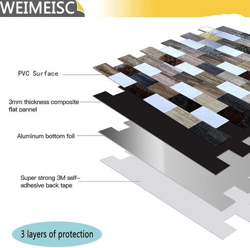 10 قطع من بلاط weimeisc القابل للتقشير واللصق باكسبلاش، عصا بلاط معدنية لمترو الأنفاق على جدار المطبخ والحمام (12 بوصة × 10.9 بوصة (خشبي + طباعة) in Kuwait