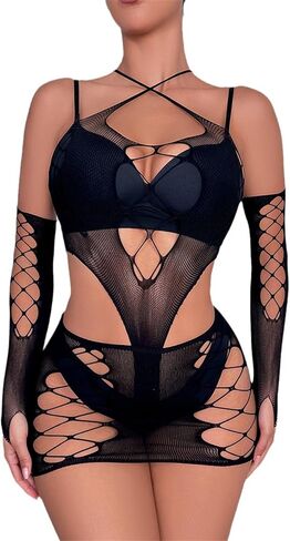 ملابس داخلية نسائية مثيرة مفرغة عالية الخصر من شبكة صيد السمك ملابس نوم قطعة واحدة فستان بيكيني للشاطئ in Kuwait