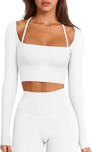 LASLULU Womens Sexy Square Neck Crop Top Ribbed Seamless Long Sleeve Workout Tops Halter Neck Athletic Yoga in Kuwait