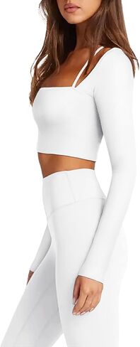 LASLULU Womens Sexy Square Neck Crop Top Ribbed Seamless Long Sleeve Workout Tops Halter Neck Athletic Yoga in Kuwait