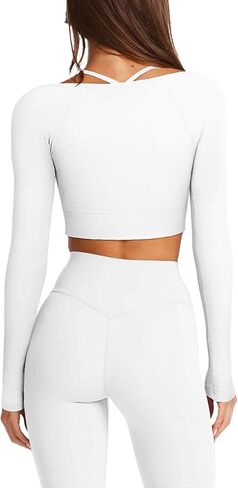 LASLULU Womens Sexy Square Neck Crop Top Ribbed Seamless Long Sleeve Workout Tops Halter Neck Athletic Yoga in Kuwait