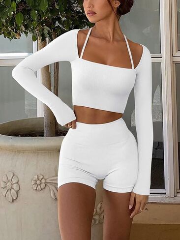 LASLULU Womens Sexy Square Neck Crop Top Ribbed Seamless Long Sleeve Workout Tops Halter Neck Athletic Yoga in Kuwait