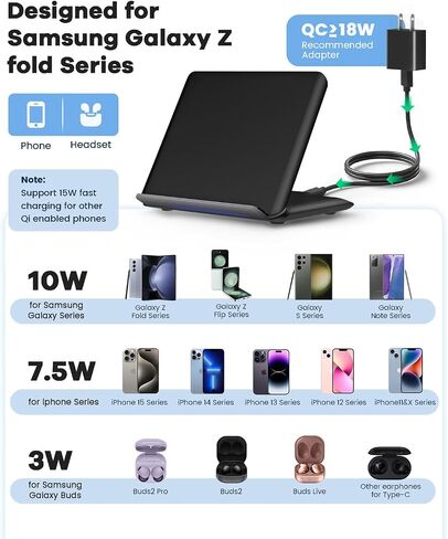 شاحن لاسلكي لهاتف سامسونج، محطة شحن لاسلكية 2 في 1 متوافقة مع هاتف Samsung Galaxy Z Fold 5/4/3، شاحن لهاتف Galaxy S24/S23/S22/Galaxy Buds2 Pro/2/Live، أبيض (يتضمن محول PD) in Saudi Arabia
