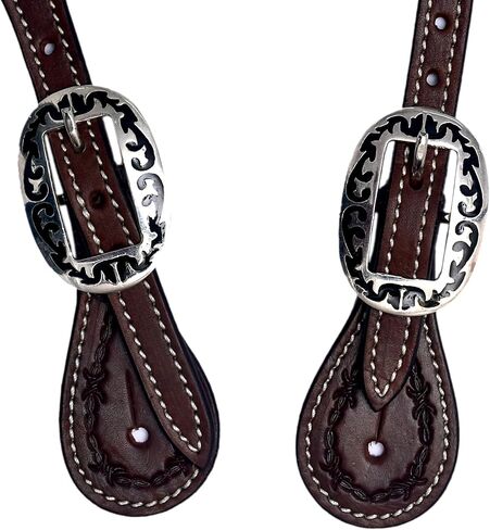 Deep, Intricated Barbed Wire Hand Tooled Headstall with Engraved Designer Buckles. in Saudi Arabia