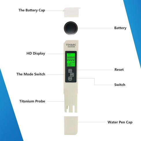 جهاز اختبار المياه الرقمي A1-TDS، مقياس TDS لدرجة الحرارة EC 3 في 1، قياس مريح ودقيق 0-9990 مساءً للشرب المنزلي، الزراعة المائية، مياه الصنبور، أحواض السمك، إلخ. (أزرق) in Saudi Arabia