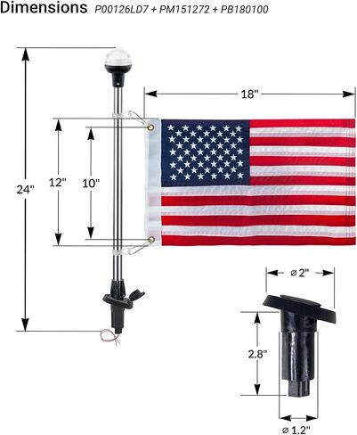 Pactrade Marine Navigation Lights for Boats LED - 24-Inch White LED Stern Light/LED Anchor Light with Removable Angled Base and American Flag 12x18 Inches (193 LM, 2 NM) | Boat Navigation Lights in Saudi Arabia