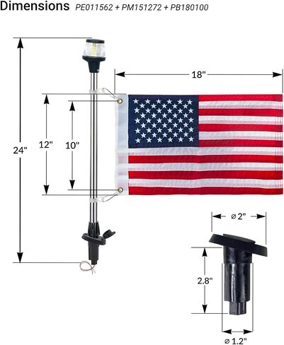Pactrade Marine Navigation Lights for Boats LED - 24-Inch White LED Stern Light/LED Anchor Light with Removable Angled Base and American Flag 12x18 Inches (193 LM, 2 NM) | Boat Navigation Lights in Saudi Arabia