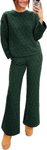 PRETTYGARDEN Women's Quilted 2 Piece Outfit Fall Loungewear Long Sleeve Pullover Top Wide Leg Pants Set Tracksuit in Saudi Arabia
