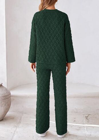 PRETTYGARDEN Women's Quilted 2 Piece Outfit Fall Loungewear Long Sleeve Pullover Top Wide Leg Pants Set Tracksuit in Saudi Arabia