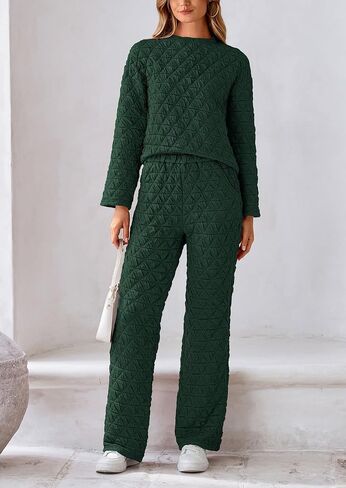 PRETTYGARDEN Women's Quilted 2 Piece Outfit Fall Loungewear Long Sleeve Pullover Top Wide Leg Pants Set Tracksuit in Saudi Arabia
