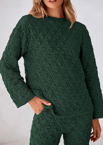PRETTYGARDEN Women's Quilted 2 Piece Outfit Fall Loungewear Long Sleeve Pullover Top Wide Leg Pants Set Tracksuit in Saudi Arabia