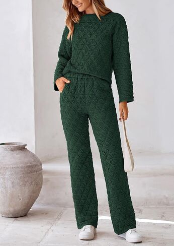 PRETTYGARDEN Women's Quilted 2 Piece Outfit Fall Loungewear Long Sleeve Pullover Top Wide Leg Pants Set Tracksuit in Saudi Arabia