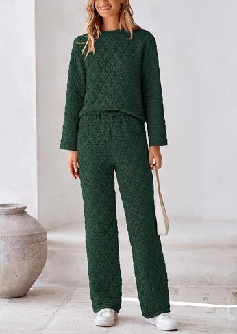 PRETTYGARDEN Women's Quilted 2 Piece Outfit Fall Loungewear Long Sleeve Pullover Top Wide Leg Pants Set Tracksuit in Saudi Arabia