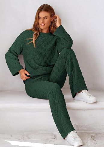 PRETTYGARDEN Women's Quilted 2 Piece Outfit Fall Loungewear Long Sleeve Pullover Top Wide Leg Pants Set Tracksuit in Saudi Arabia
