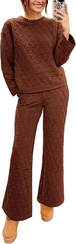 PRETTYGARDEN Women's Quilted 2 Piece Outfit Fall Loungewear Long Sleeve Pullover Top Wide Leg Pants Set Tracksuit in Saudi Arabia