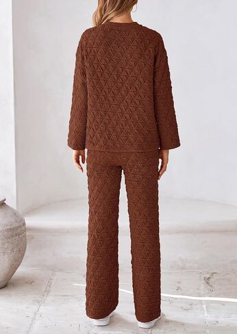 PRETTYGARDEN Women's Quilted 2 Piece Outfit Fall Loungewear Long Sleeve Pullover Top Wide Leg Pants Set Tracksuit in Saudi Arabia