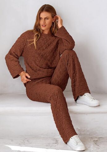 PRETTYGARDEN Women's Quilted 2 Piece Outfit Fall Loungewear Long Sleeve Pullover Top Wide Leg Pants Set Tracksuit in Saudi Arabia