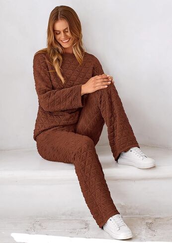 PRETTYGARDEN Women's Quilted 2 Piece Outfit Fall Loungewear Long Sleeve Pullover Top Wide Leg Pants Set Tracksuit in Saudi Arabia