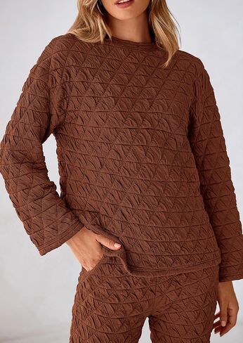 PRETTYGARDEN Women's Quilted 2 Piece Outfit Fall Loungewear Long Sleeve Pullover Top Wide Leg Pants Set Tracksuit in Saudi Arabia