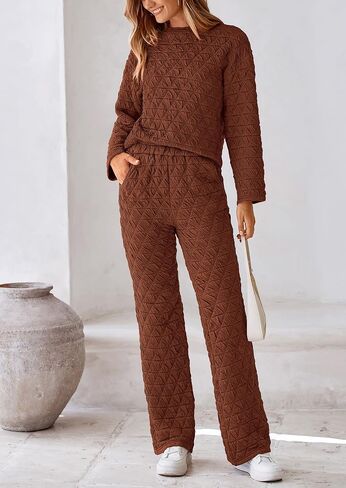 PRETTYGARDEN Women's Quilted 2 Piece Outfit Fall Loungewear Long Sleeve Pullover Top Wide Leg Pants Set Tracksuit in Saudi Arabia