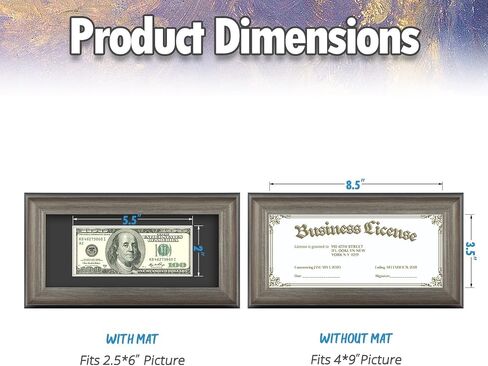 AUEAR, Dollar Bill Frame with Black Mat or 4x9 Business License Holder Without Mat, Easel Stand for Tabletop and D-Ring for Wall Mounting, Tempered Glass (Vintage Silver, 1 Pack) in Saudi Arabia