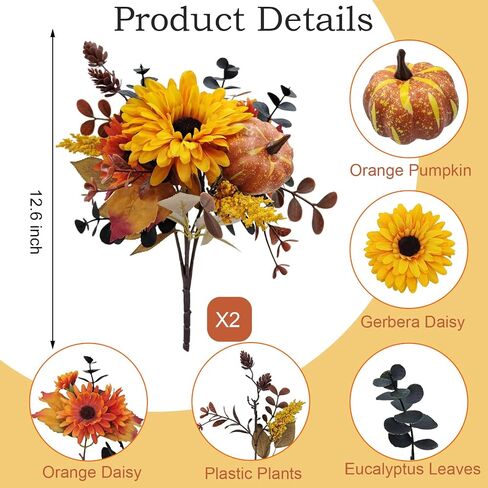 2 Pcs Artificial Fall Flowers Bouquet Fall Decor Fake Mums Pumpkin Flower Arrangements for Home Wedding Bouquets Kitchen Table Centerpieces Halloween Party Autumn Decoration（No Vase） in Saudi Arabia