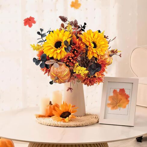 2 Pcs Artificial Fall Flowers Bouquet Fall Decor Fake Mums Pumpkin Flower Arrangements for Home Wedding Bouquets Kitchen Table Centerpieces Halloween Party Autumn Decoration（No Vase） in Saudi Arabia