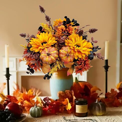 2 Pcs Artificial Fall Flowers Bouquet Fall Decor Fake Mums Pumpkin Flower Arrangements for Home Wedding Bouquets Kitchen Table Centerpieces Halloween Party Autumn Decoration（No Vase） in Saudi Arabia