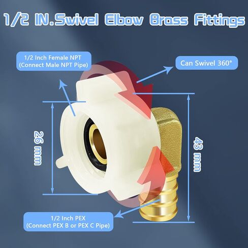Boltigen 1/2" PEX Swivel Elbow Facuet Connector, 5pcs PEX Rv Water Line Fittings, 1/2" x 1/2" PEX Female NPT Adapter,90 Degree NPSM PEX Adapter for Pipe Plumbing Connection in Saudi Arabia