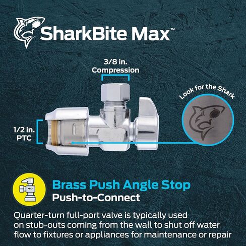 SharkBite Max 1/2 x 3/8 Inch Compression Angle Stop Valve, Quarter Turn, Push to Connect Brass Plumbing Fitting, PEX Pipe, Copper, CPVC, PE-RT, HDPE, UR23036 in Saudi Arabia