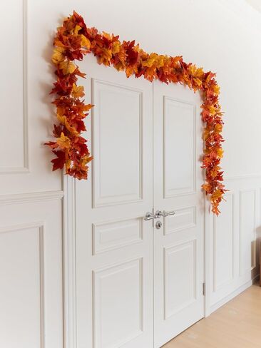 6PCS Yellow-Red Fall Maple Leaves Garland, 5.6Ft Artificial Maple Leaf Autumn Garland Hanging Fall Vines Table Decorations Front Door Fall Decor Thanksgiving Decorations Decor Outside Indoor Decor in Saudi Arabia