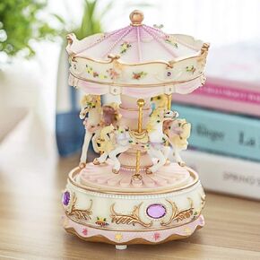 Carousel Music Box, Clockwork Mechanism 3-Horse with Color Changing LED Light, Rotating Horse Musical Boxes, Carousel Horse Decor for Christmas, Birthday, Valentine's day (Pink)