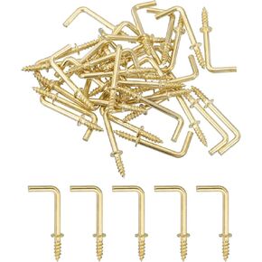 uxcell Right Angle Hooks, 50Pcs 1-1/4" L Shaped Screw Hooks Screw in Hooks, 7 Shape Right Angle Metal Screw Hooks for Hanging, Silver