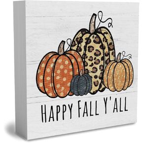 Rustic Happy Fall Y'All Harvest Punpkins Wooden Box Sign, Farmhouse Fall Artwork Decor, Fall Thanksgiving Wood Square Sign Desk Block Signs Home Shelf Office Decoration 5 x 5 Inches